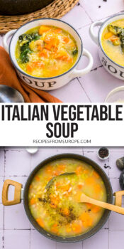Italian soup with vegetables in bowl and in pot with text overlay "Italian vegetable soup".