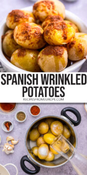 small wrinkled potatoes with red sauce in bowl and in pot with salt and water plus text overlay "Spanish wrinkled potatoes".