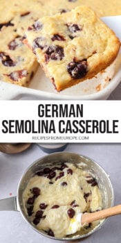 semolina casserole with cherries in baking dish and semolina with cherries in saucepan plus text overlay "German Semolina Casserole".