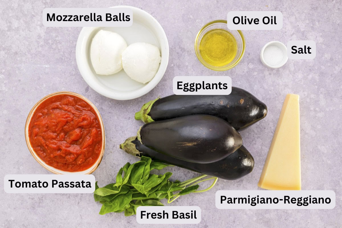 ingredients to make eggplant parmesan in bowls on counter with labels.