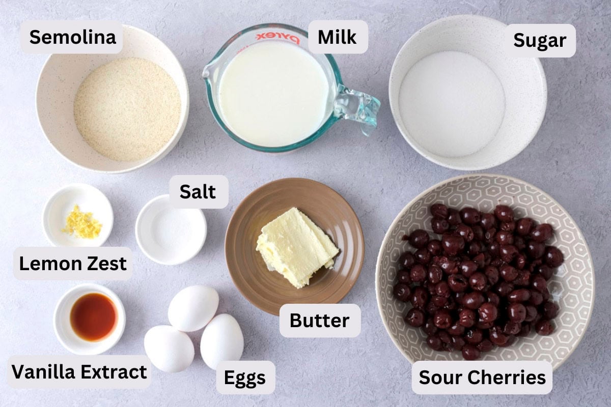 ingredients for german semolina casserole on counter in bowls with labels.