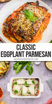 slice of eggplant parmesan on plate and uncooked eggplant parmesan in baking dish with cheese on top plus text "classic eggplant parmesan".