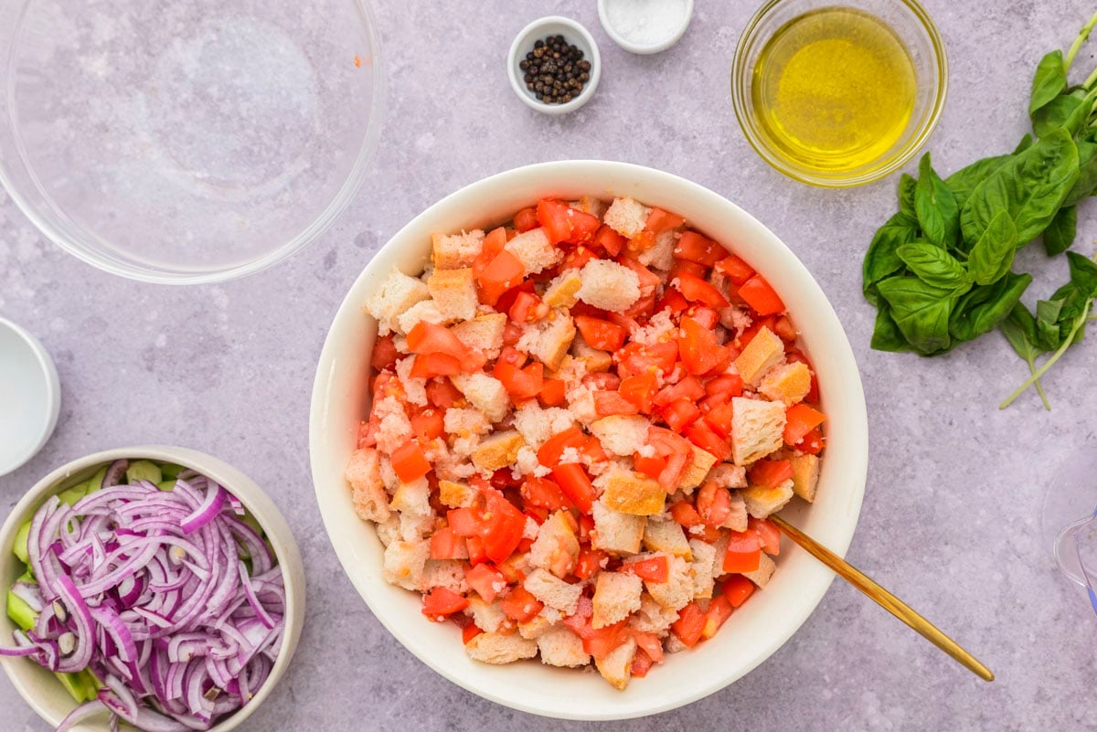 bowl of cut bread and tomato mixed together with counter around.