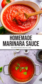 marinara sauce in bowl with wooden spoon and in pot with text overlay "homemade marinara sauce".