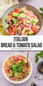 bowl with salad including bread, tomatoes, cucumbers and more plus text overlay "Italian Bread & Tomato Salad".