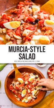 juicy salad with tomatoes, tuna and egg in bowl and person dipping bread in it with text overlay "Murcia-style salad".