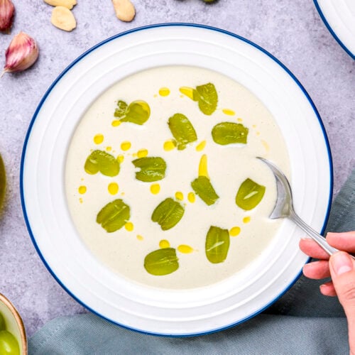 bowl of spanish white gazpacho soup with spoon sticking out sitting on counter.