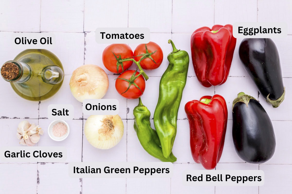 ingredients to make roasted vegetables on counter with labels.