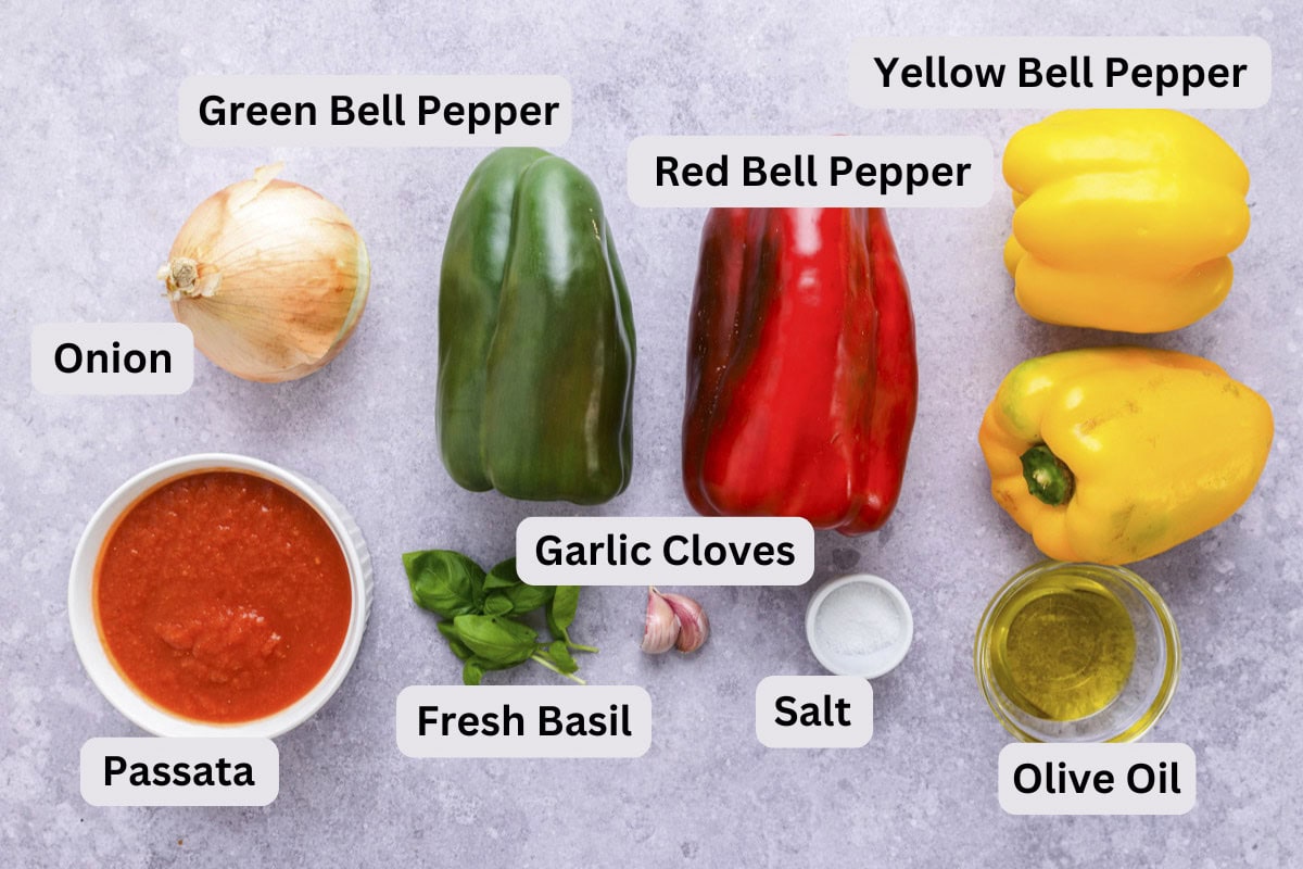 ingredients to make italian peperonata on counter with labels.
