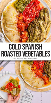 different roasted vegetables on plate with oil and hand holding a cracker with roasted vegetables on top plus text overlay "cold Spanish roasted vegetables".