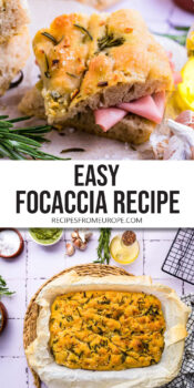 photo collage of sliced focaccia with cold cuts and whole focaccia in pan with text overlay "easy focaccia recipe".