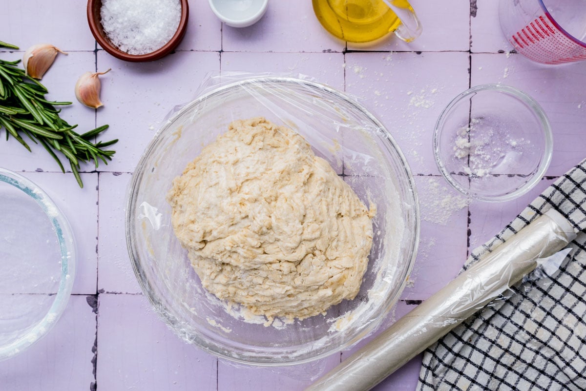 bowl of dough covered in plastic wrap on counter.