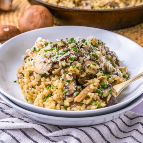bowl of mushroom risotto covered in cheese on counter.