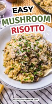 mushroom risotto in white bowl with text overlay "easy mushroom risotto".