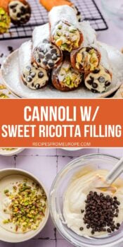 photo collage of assmbled cannoli stacked on plate and cannoli filling in bowls with text overlay "cannoli with sweet ricotta filling".