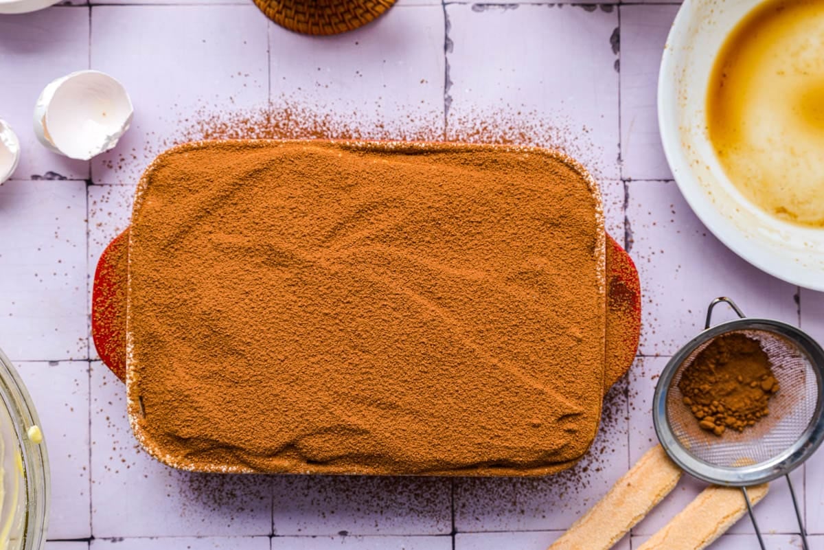 tiramisu covered in cocoa powder sitting on counter.