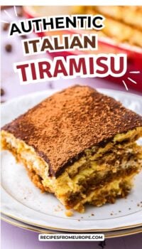 slice of tiramisu on white plate with text overlay "Authentic Italian Tiramisu".