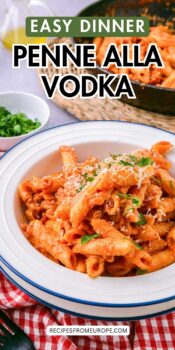 penne with red sauce in white bowl and text overlay "easy dinner penne alla vodka".