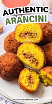 arancini balls with some cut open on white plate and text overlay "authentic arancini".
