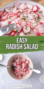 photo collage of radish salad in bowl and in mix bowl with text overlay "easy radish salad".