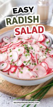 radish salad in bowl with text overlay "easy radish salad".