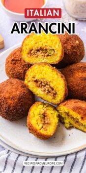 arancini stacked on white plate with some cut open and text overlay "Italian arancini".