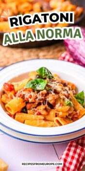 rigatoni with eggplant, cheese, and basil in white bowl and text overlay "rigatoin alla norma".
