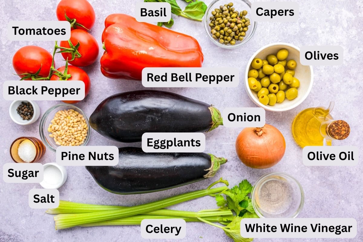 ingredients to make italian caponata on counter with labels.