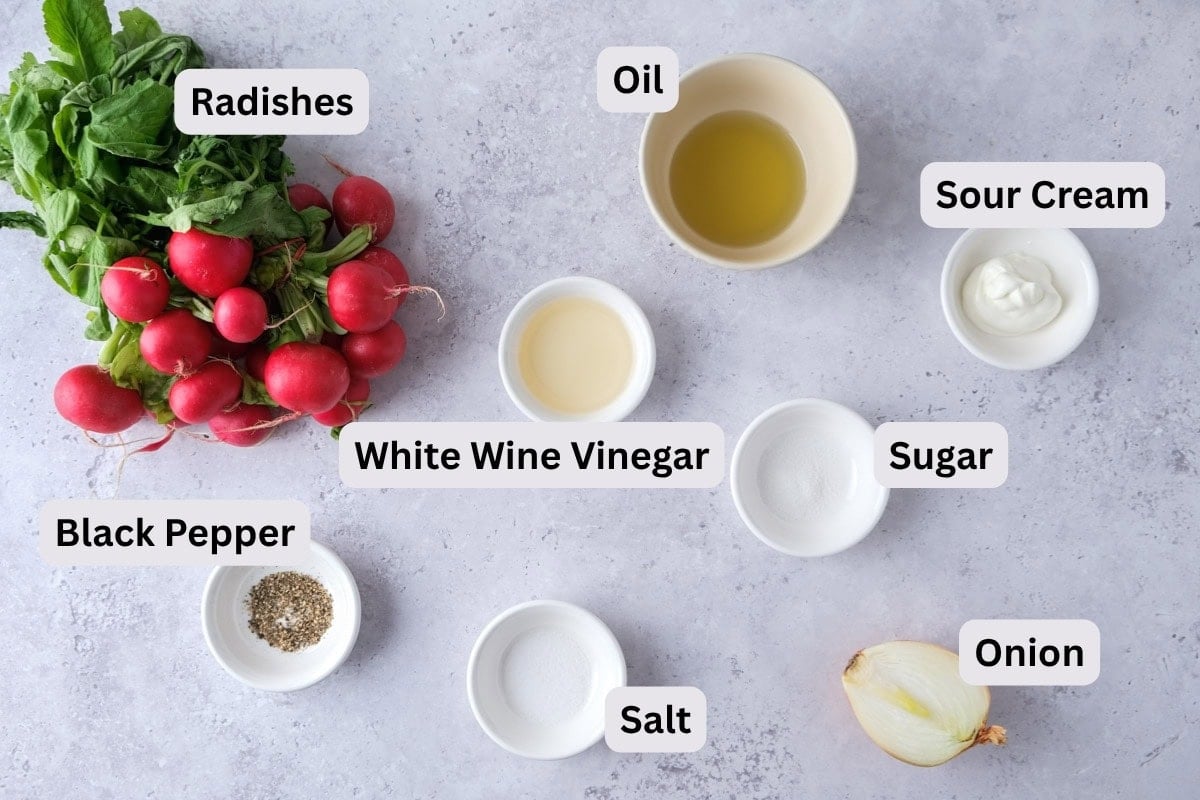 ingredients to make radish salad on counter with labels.