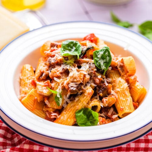 rigatoni pasta in sauce and eggplant pieces in bowl on cloth.