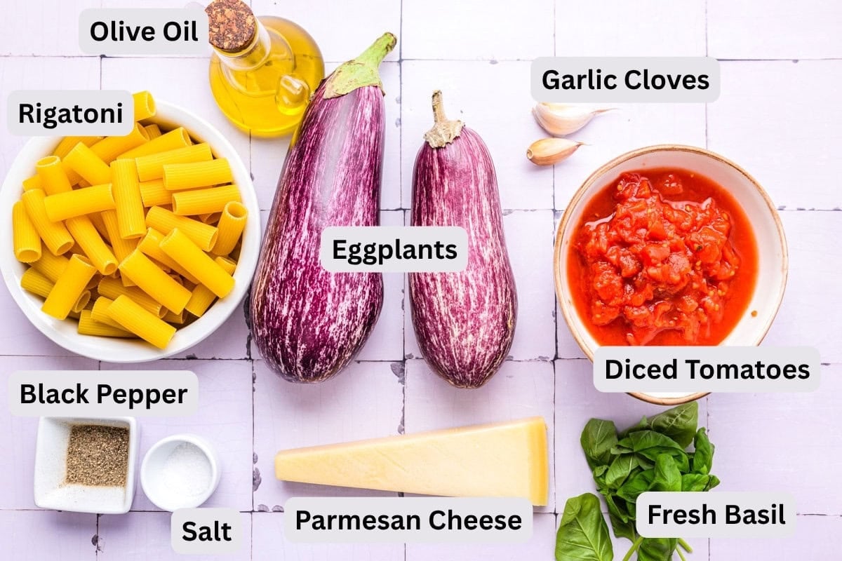 ingredients to make eggplant pasta dish on counter with labels.