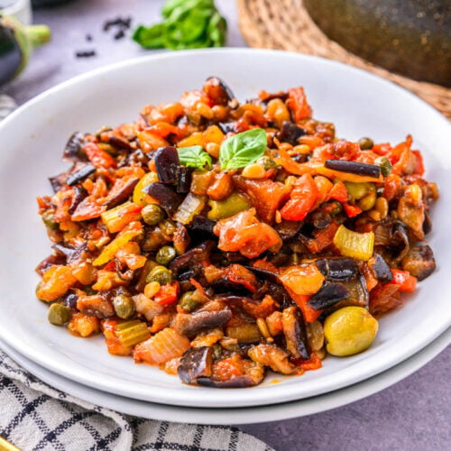 caponata eggplant dish in bowl on counter.