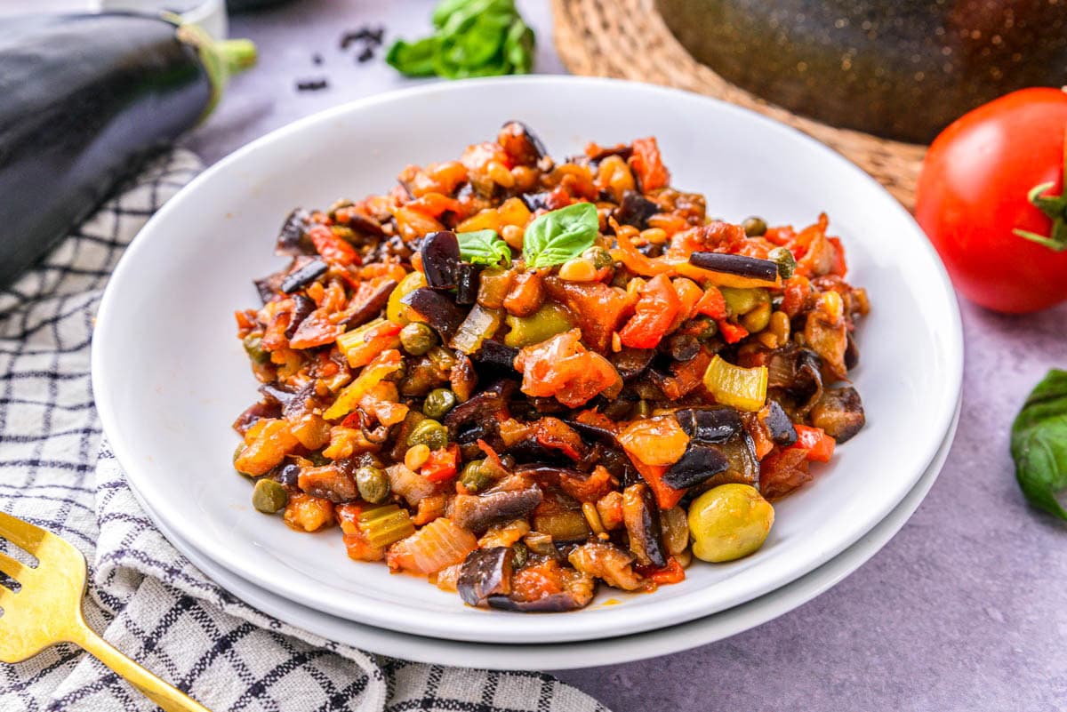 caponata eggplant dish in bowl on counter.