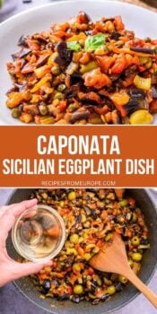 photo collage of eggplant dish in bowl and in pan with hand adding liquid and text overlay "caponata sicilian eggplant dish".
