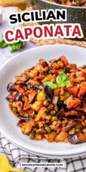 cooked eggplants and other vegetables in white bowl with text overlay "sicilian caponata".