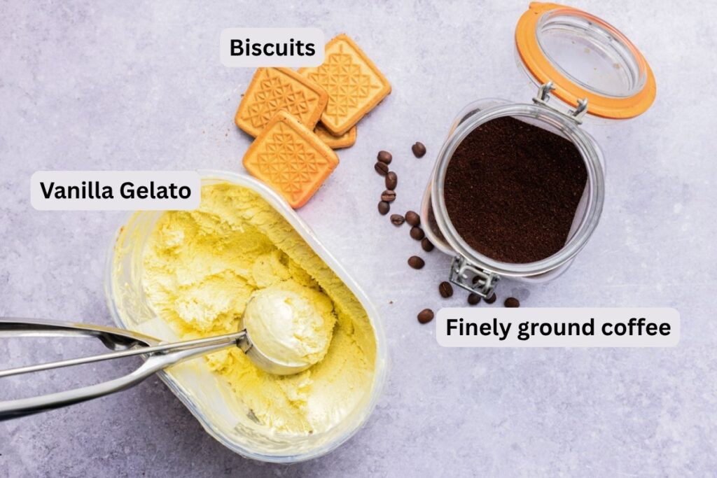 ingredients to make affogato on counter with labels.