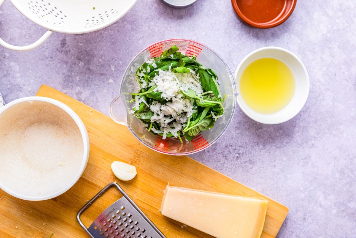 basil and cheese on mixing bowl unblended.