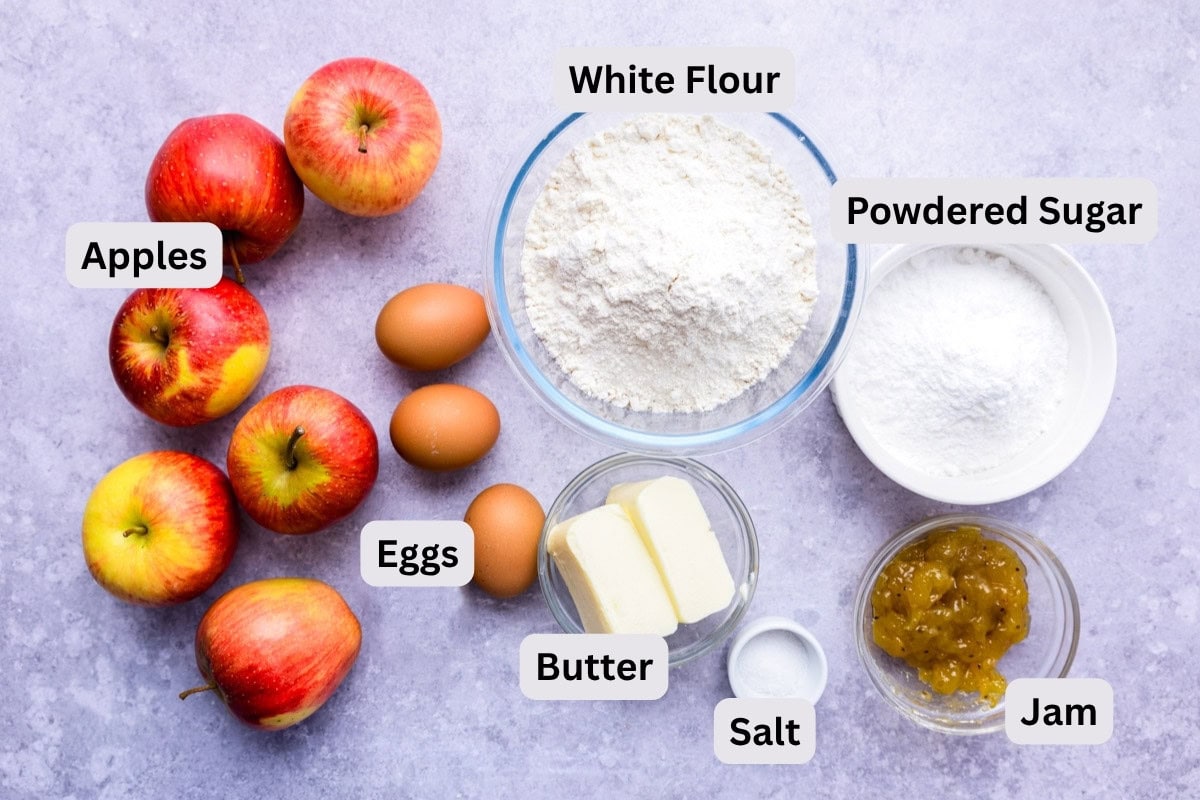 ingredients to make apple crostata on counter with labels.
