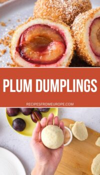 photo collage of cooked plum dumplings cut in half and plums wrapped in potato dough with text overlay "plum dumplings".
