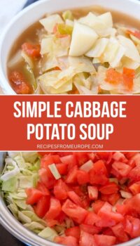 cooked soup in bowl and raw ingredients in pot with text overlay "simple cabbage potato soup".