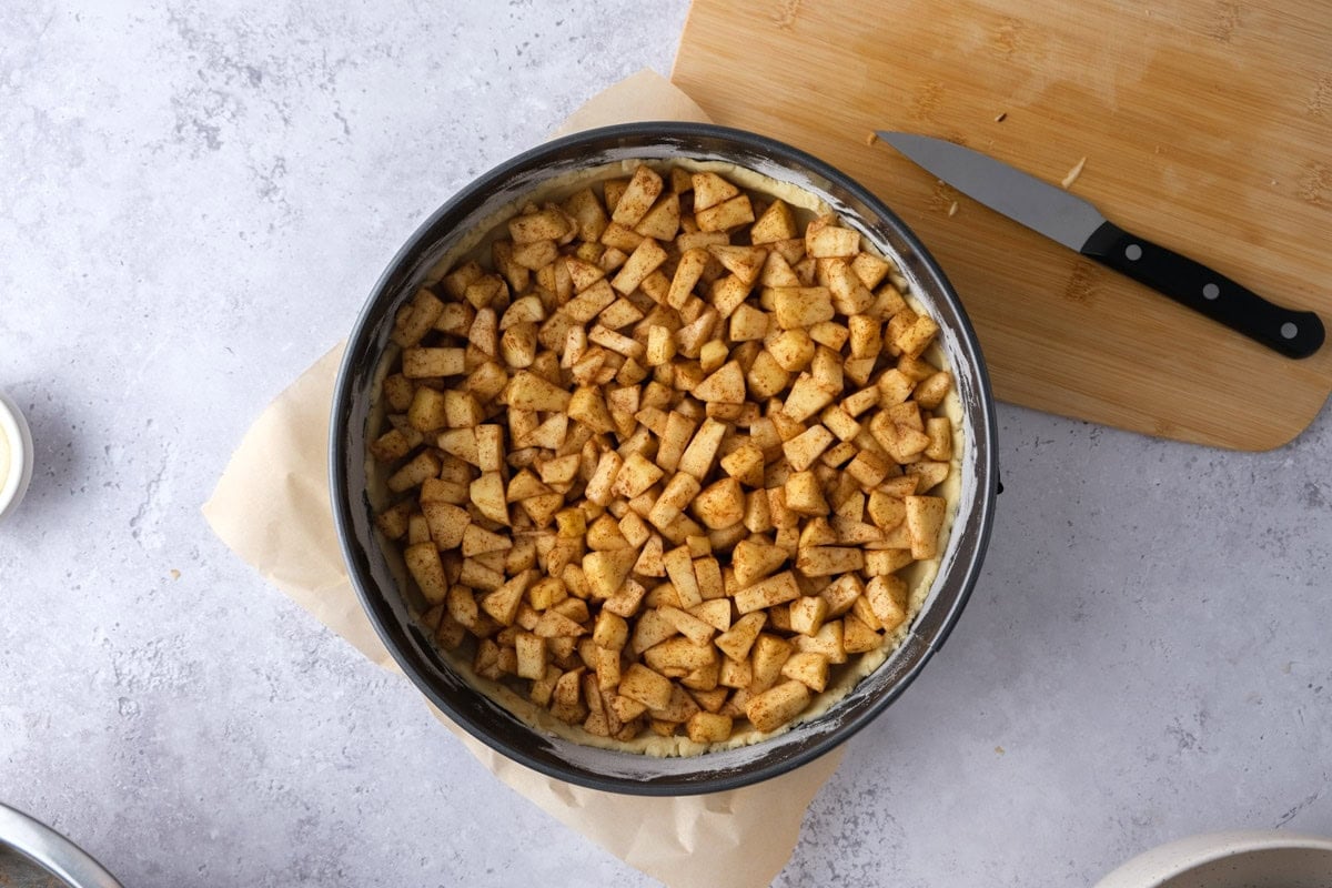 raw apples with cinnamon in round cake form on counter.