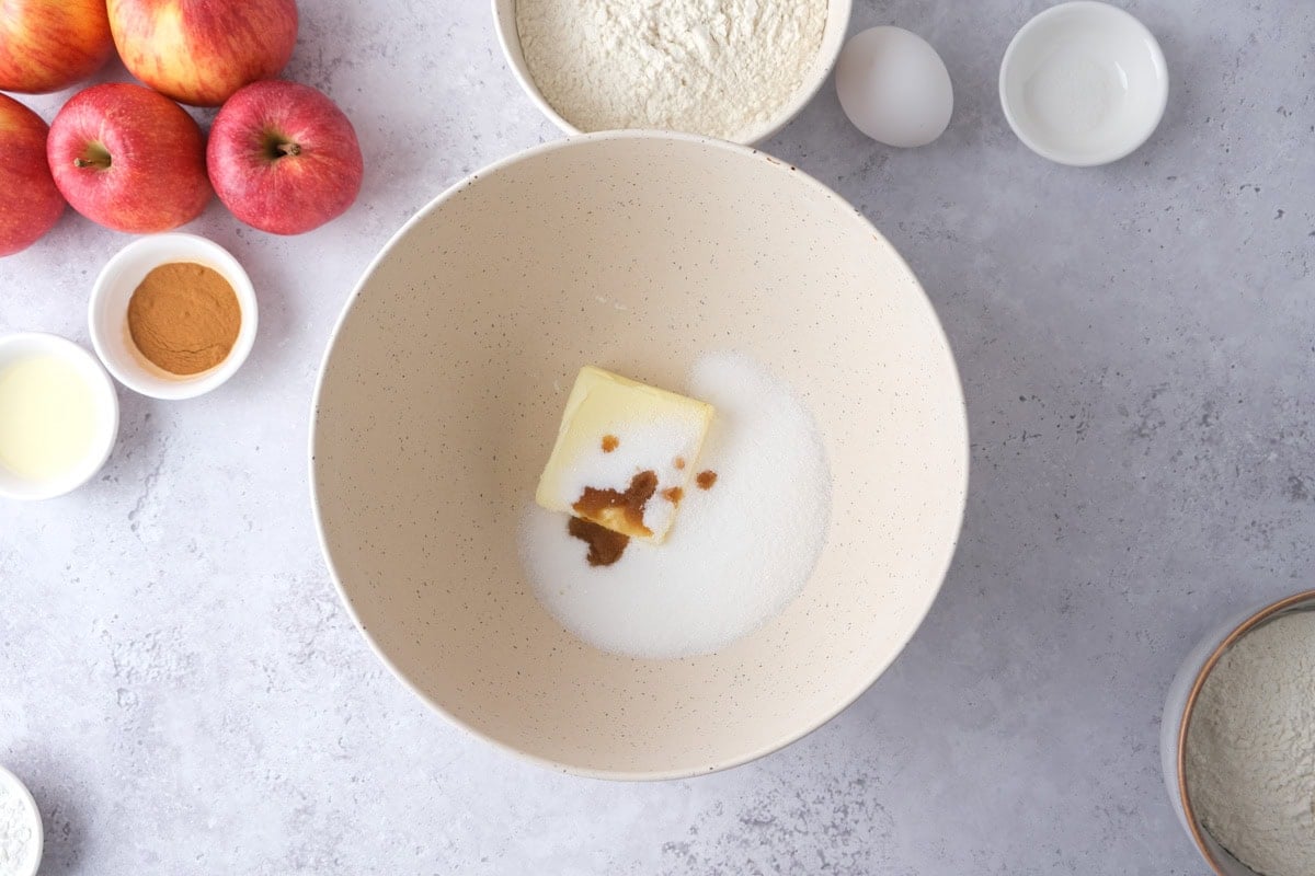 butter sugar and vanilla in bowl on counter.